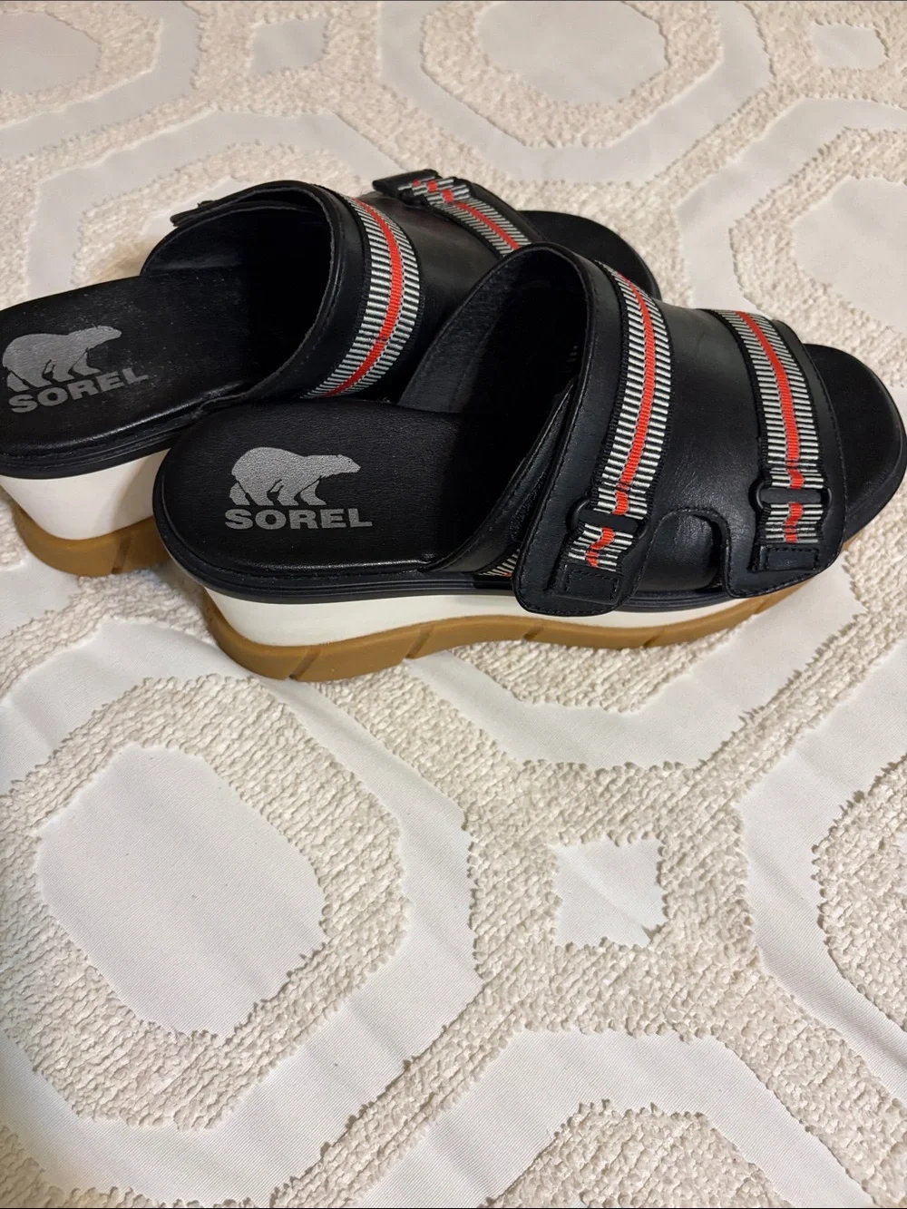 Sorel Black Sandal Slides with Red and White Striped Webbing